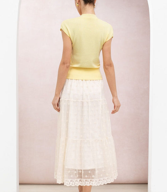 Cream Floral Lattice Lace Tiered Elastic‑Waist Maxi Skirt