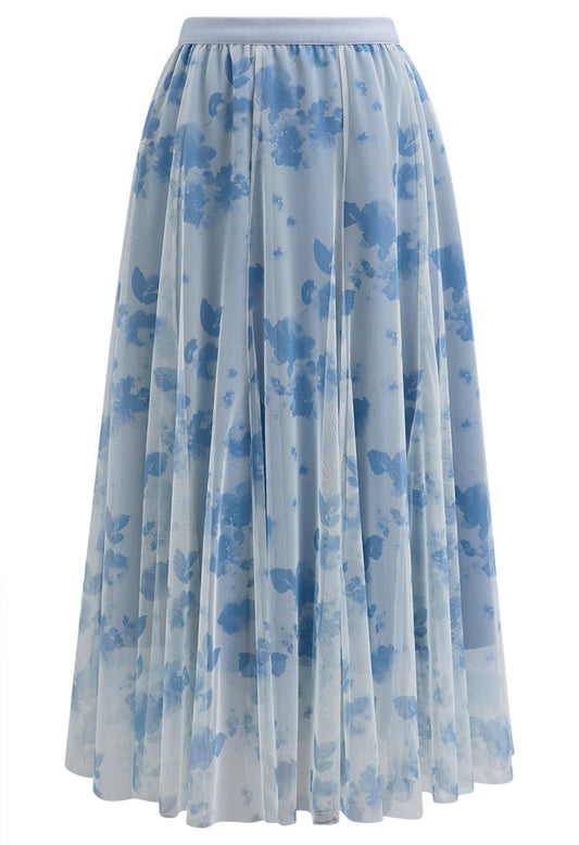 Blue Watercolor Floral Mesh Tulle A‑Line Midi Skirt