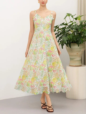 Pastel Garden Floral Lace A‑Line Cami Maxi Dress Green