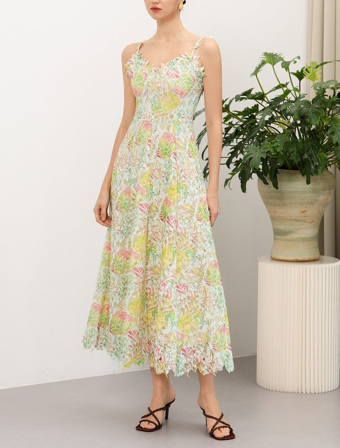 Pastel Garden Floral Lace A‑Line Cami Maxi Dress Green