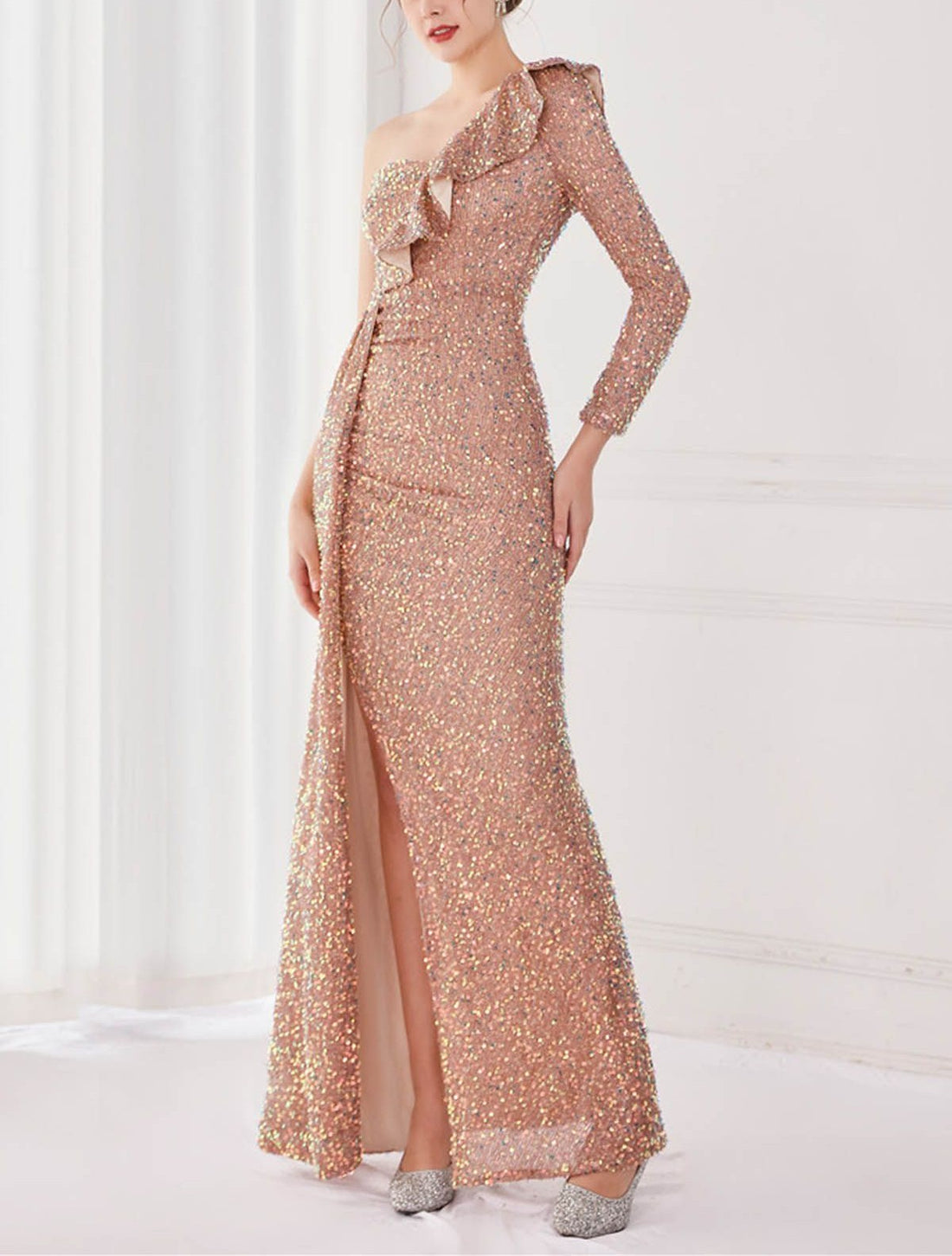 Champagne One‑Shoulder Sequined Ruffle Slit Maxi Evening Gown