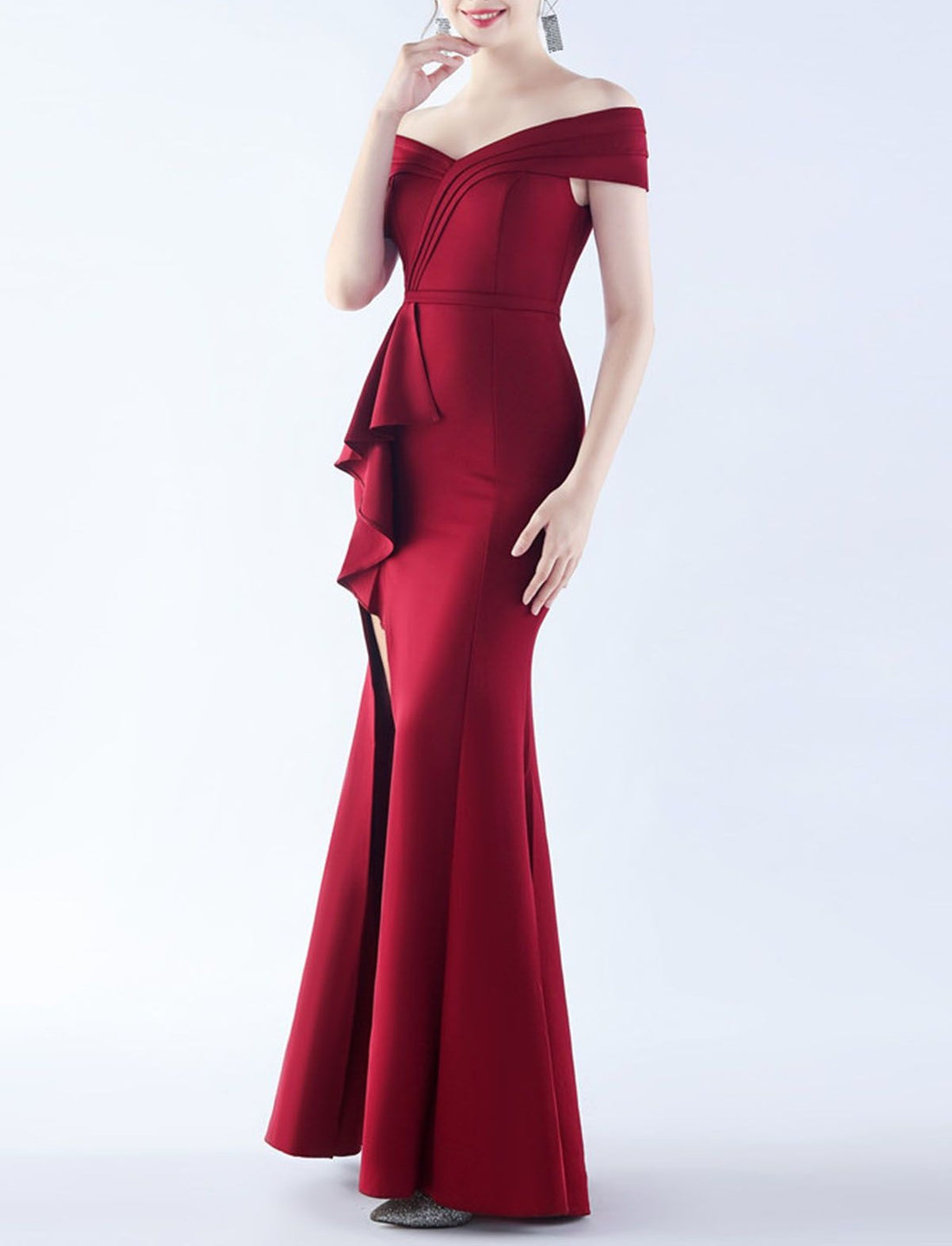 Burgundy Off‑Shoulder Ruffle Front Slit Mermaid Satin Evening Gown