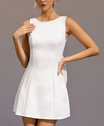 White Pearl Trim Bowknot Open‑Back Sleeveless Mini Dress