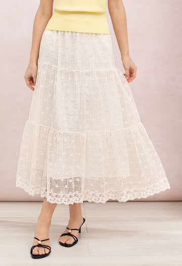 Cream Floral Lattice Lace Tiered Elastic‑Waist Maxi Skirt