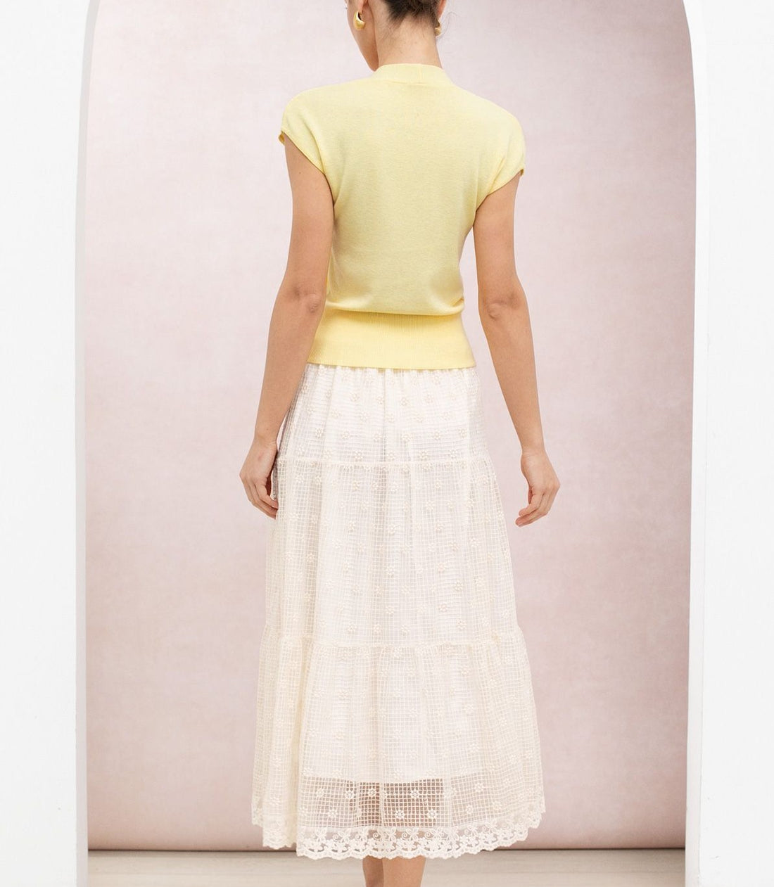 Cream Floral Lattice Lace Tiered Elastic‑Waist Maxi Skirt