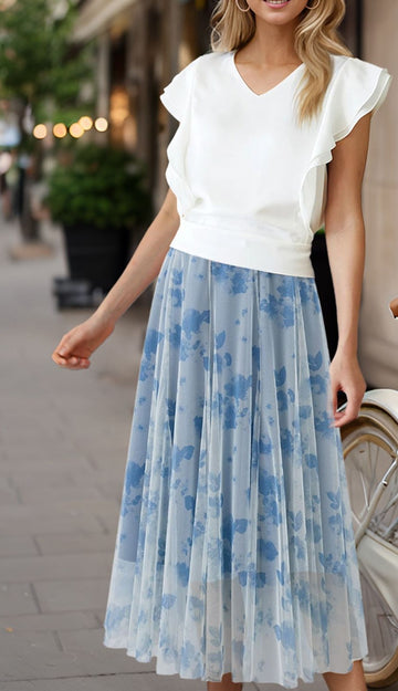 Blue Watercolor Floral Mesh Tulle A‑Line Midi Skirt
