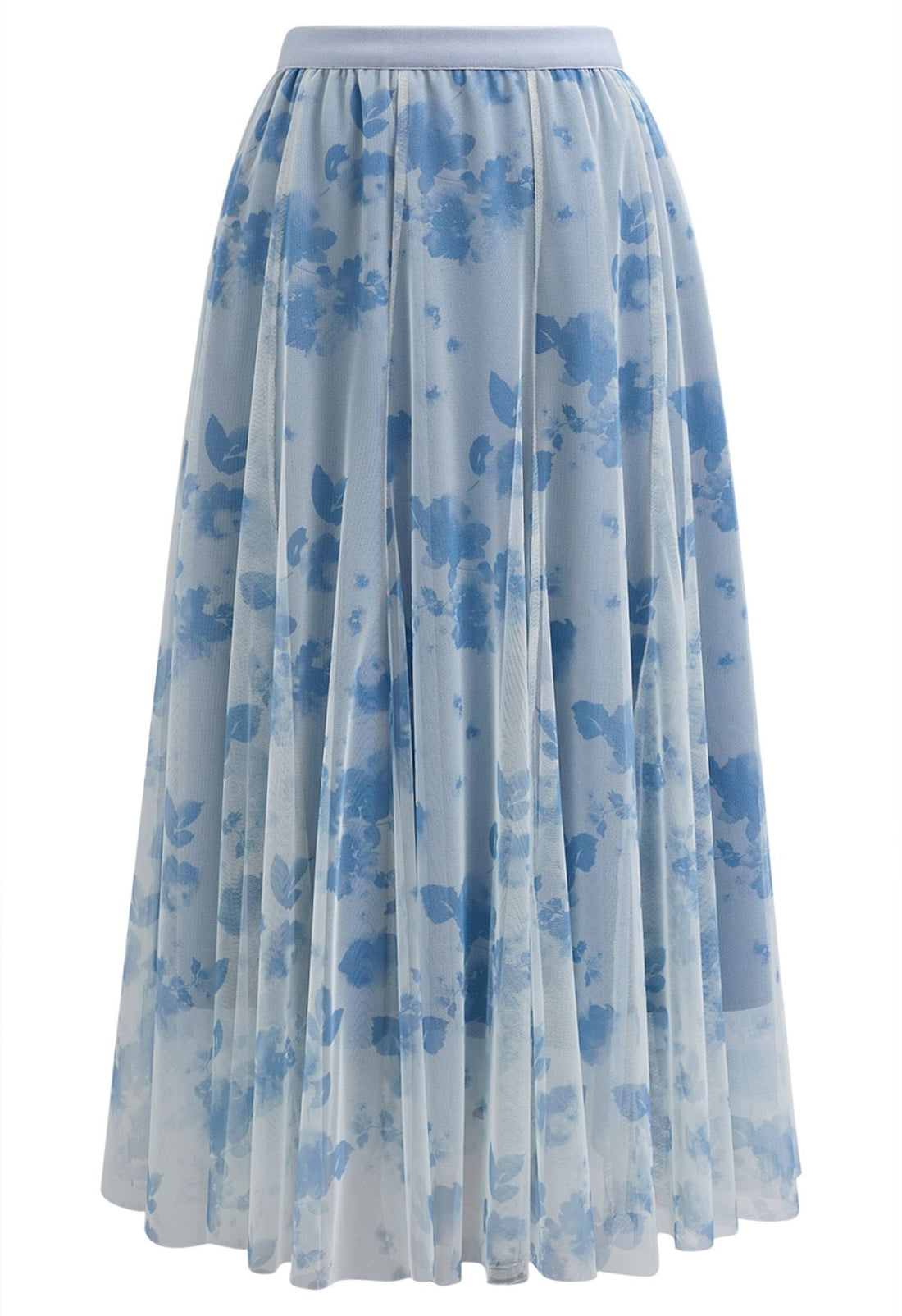 Blue Watercolor Floral Mesh Tulle A‑Line Midi Skirt