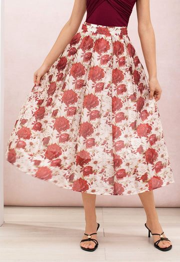 Crimson Peony Box‑Pleated Organza A‑Line Midi Skirt