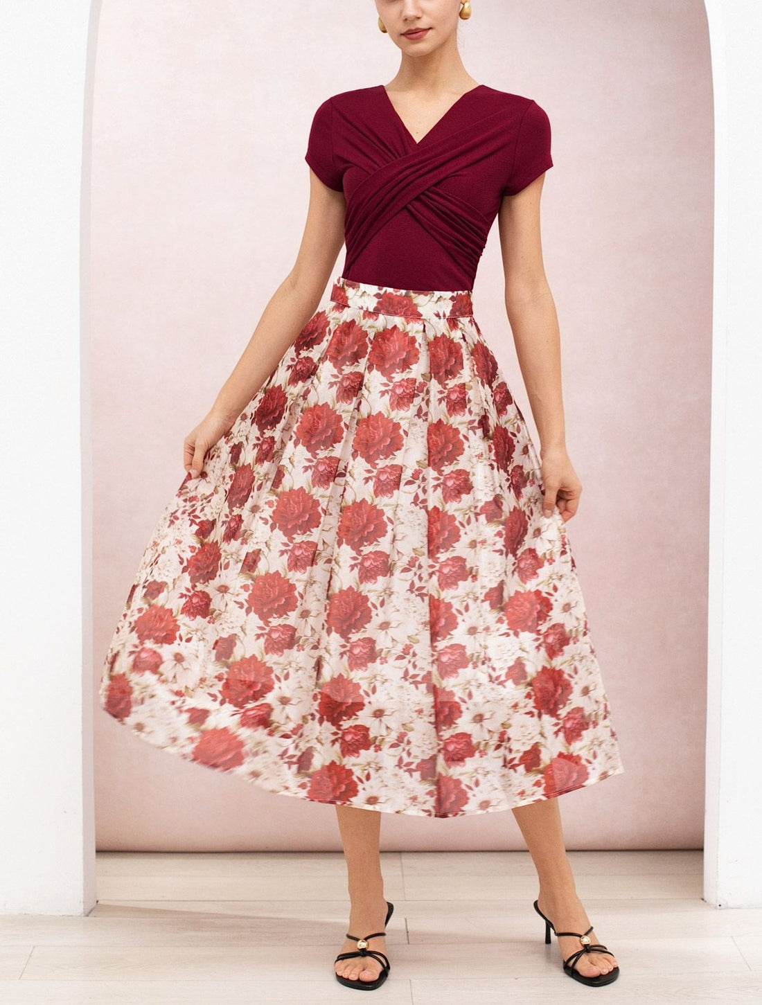 Crimson Peony Box‑Pleated Organza A‑Line Midi Skirt