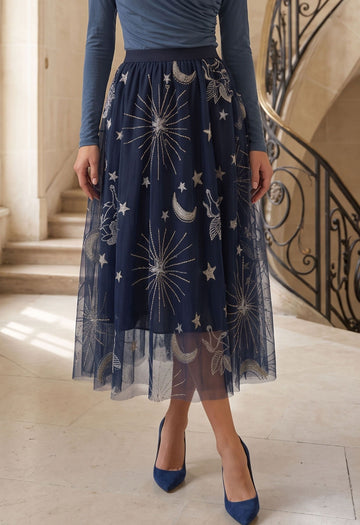 Navy Celestial Moon Star Embroidered Double‑Layer Mesh Tulle Midi Skirt