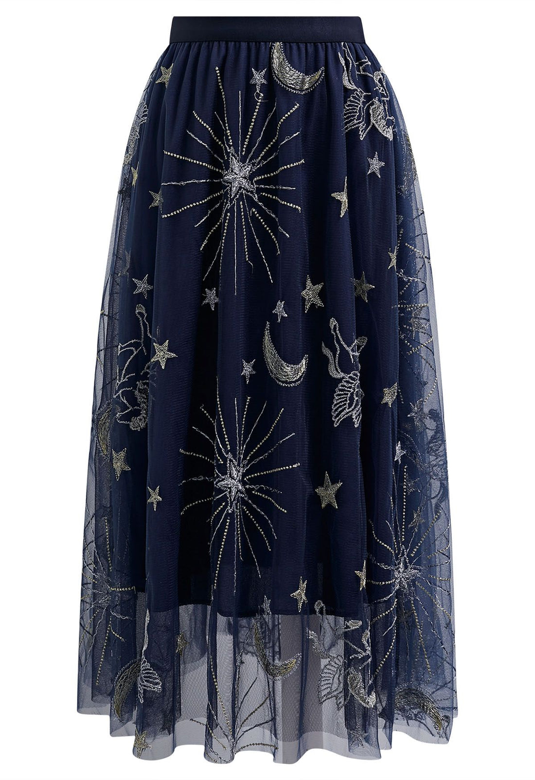Navy Celestial Moon Star Embroidered Double‑Layer Mesh Tulle Midi Skirt